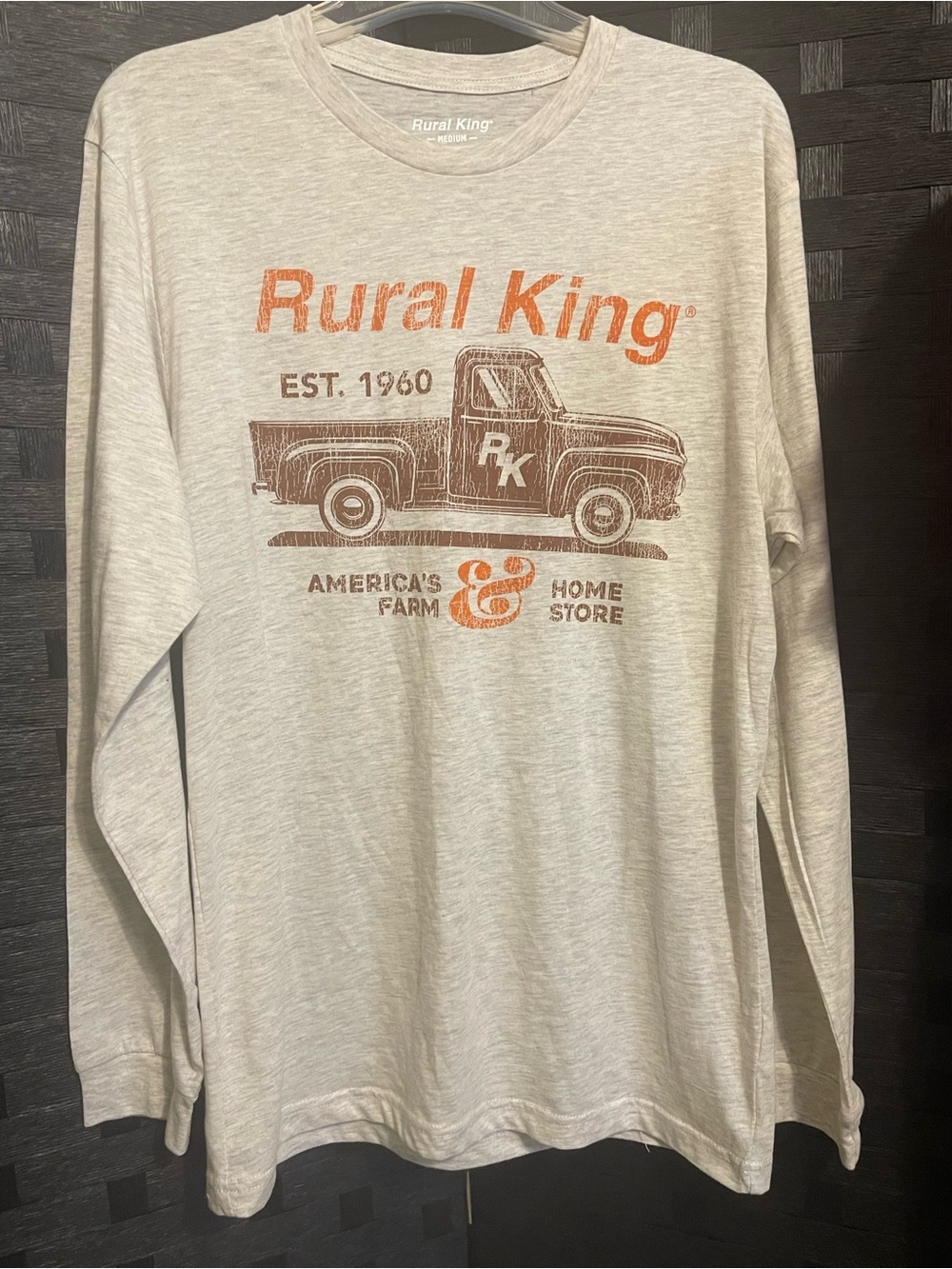 Rural King Vintage Logo Long Sleeve Tee Soft Beige Crew Neck Size medium
